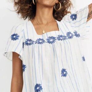 Madewell Embroidered Butterfly Sleeve Floral Top in Blue Stripes XXS